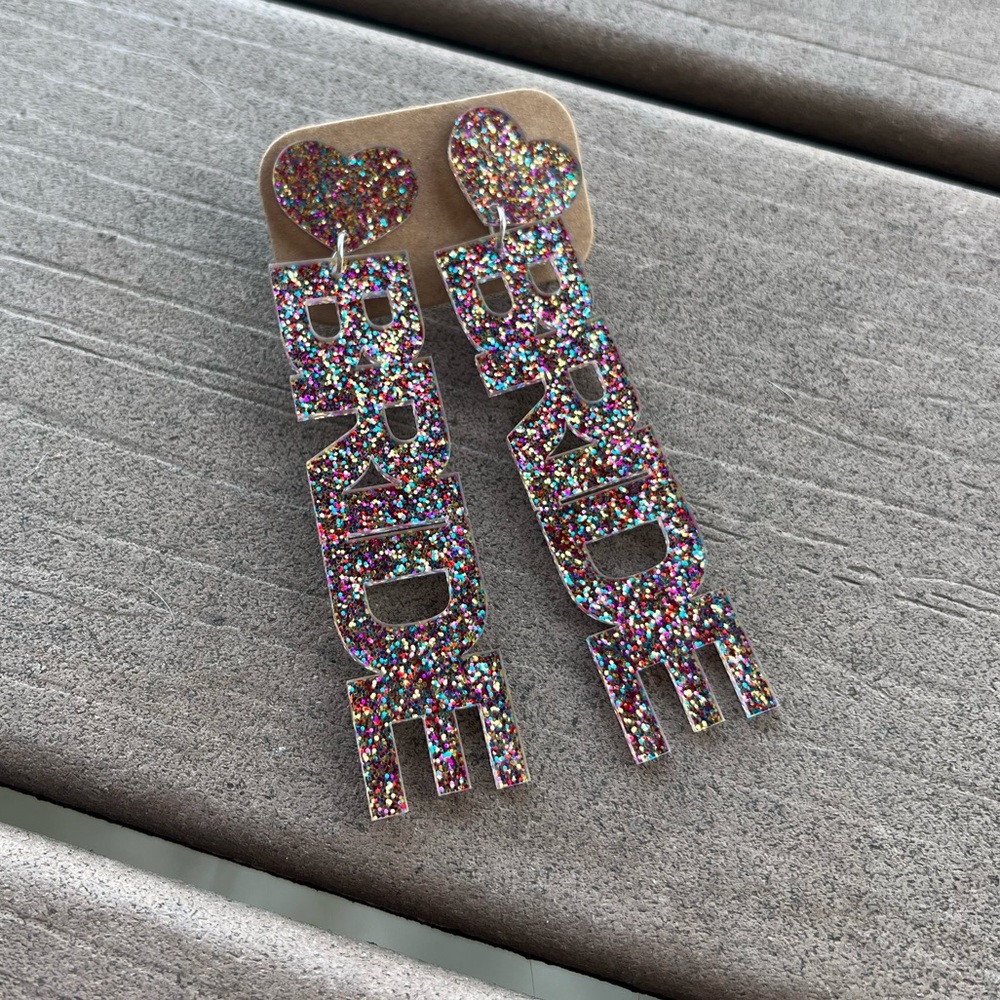 Multicolor glitter “bride” dangle earrings